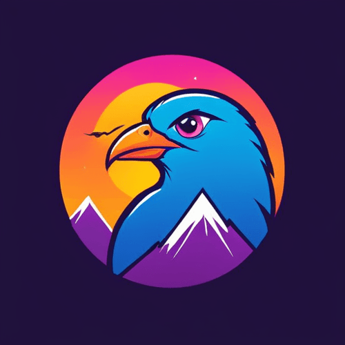 AI Design for bird logo, looking sideway and up, face only, add sparks, colorful, add mountains in the background, sunset
