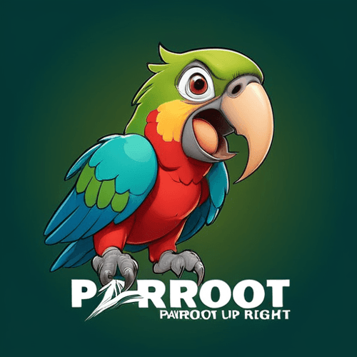 AI Design for parrot looking up right, close up , text PaRoot