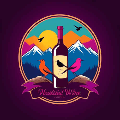 AI Design for wine bottle logo, with mountains in the background and birds, colorful