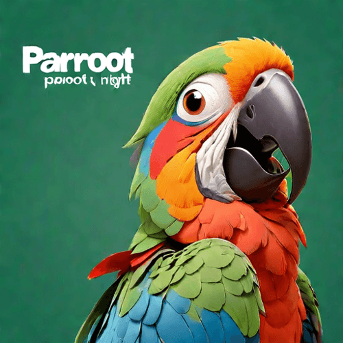 AI Design for parrot looking up right, close up , text PaRoot