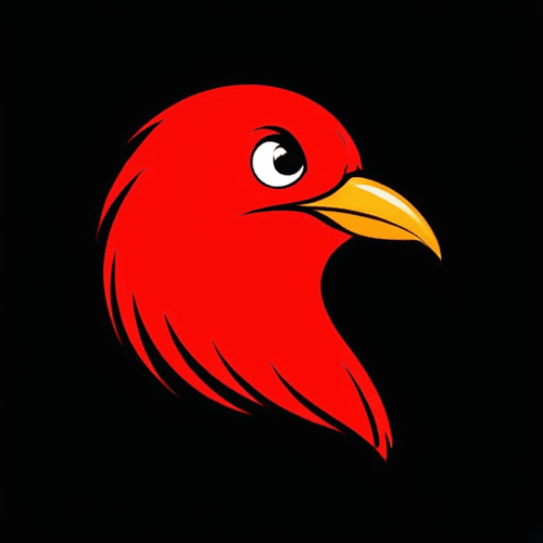 AI Design for bird logo, looking sideway, face only, add sparks, smile, red colors