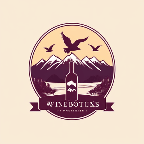 AI Design for wine bottle logo, with mountains in the background and birds