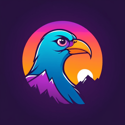 AI Design for bird logo, looking sideway and up, face only, add sparks, colorful, add mountains in the background, sunset