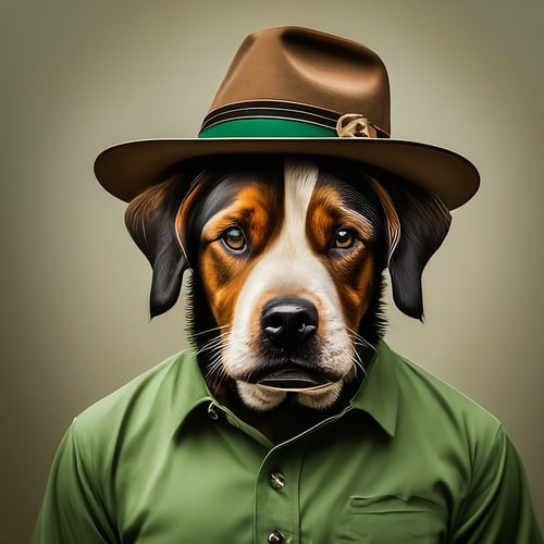 AI Design for Professional logo design. dog with a hat, wearing a green shirt