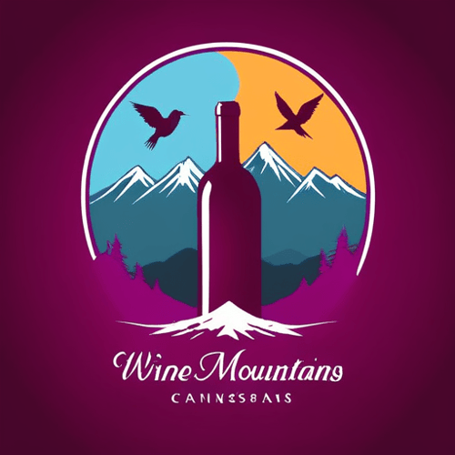 AI Design for wine bottle logo, with mountains in the background and birds, colorful