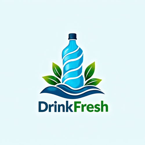 AI Design for water bottle concept, spiral leaves around it. Mountain. 2d. Text "DrinkFresh". Emblem
