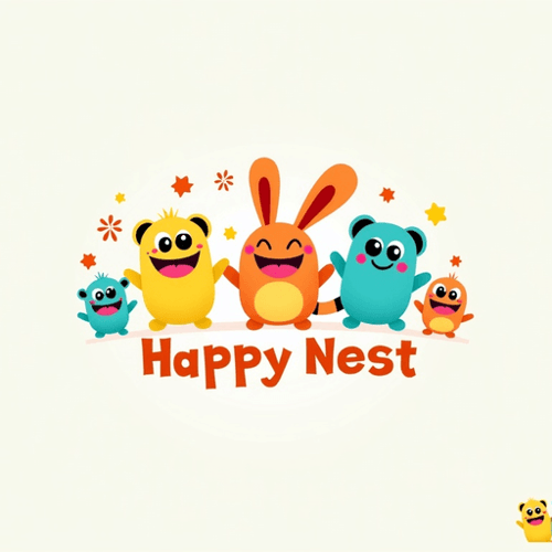 AI Design for Playful characters with bright, cheerful colors and whimsical font - "HappyNest"