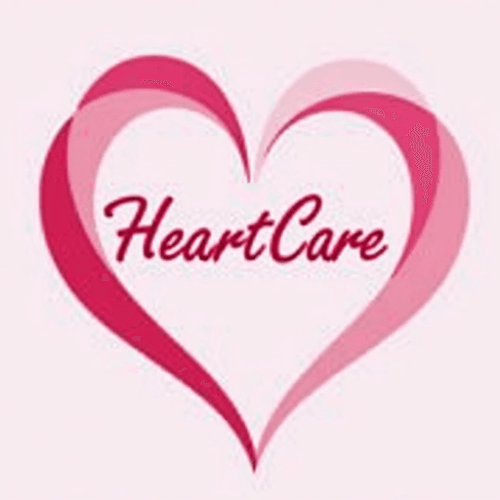 AI Design for heart shape with pink hues and elegant, cursive script for "HeartCare". The logo should be a Wordmark type.