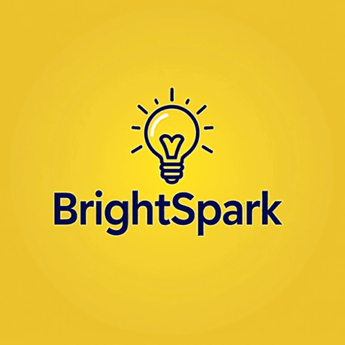 AI Design for Design a minimalist lightbulb with bright yellow colors and clean, creative kids style typography for "BrightSpark". The logo should be a Wordmark type. the spark should be creative and fun