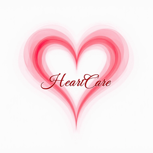 AI Design for heart shape with pink hues and elegant, cursive script for "HeartCare". The logo should be a Wordmark type.