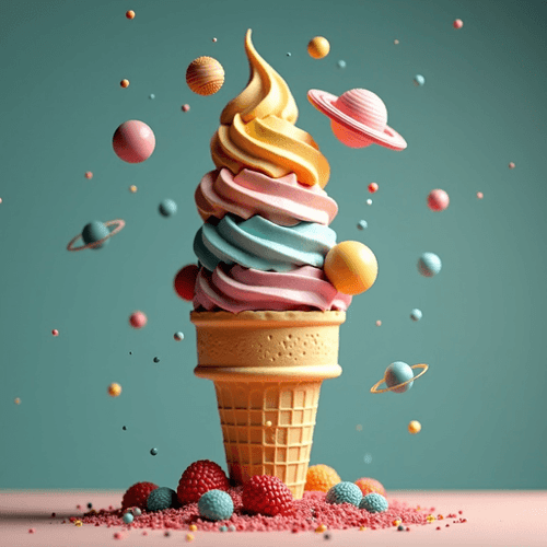 AI Design for ice cream cone with planets instead of icecream. sureal background. 