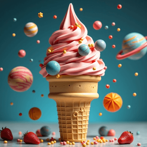AI Design for ice cream cone with planets instead of icecream. sureal background. 