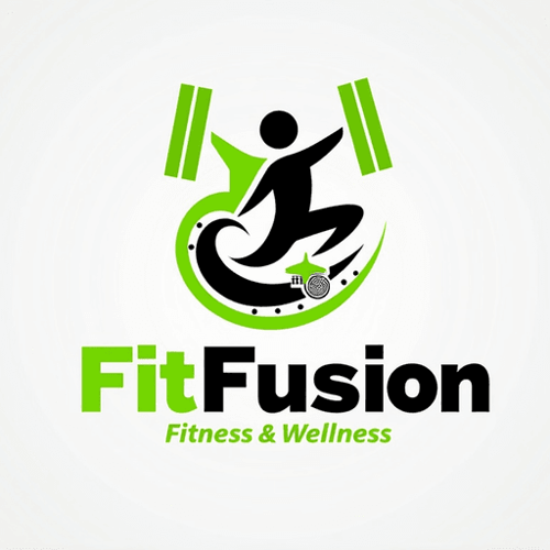 AI Design for Create a logo for "FitFusion," a fitness and wellness brand. Incorporate dynamic elements like a fusion of weights, running shoes, and yoga poses to represent a holistic approach to fitness. Use energetic colors like lime green, black, and white. The font should be bold and modern, conveying strength and flexibility.