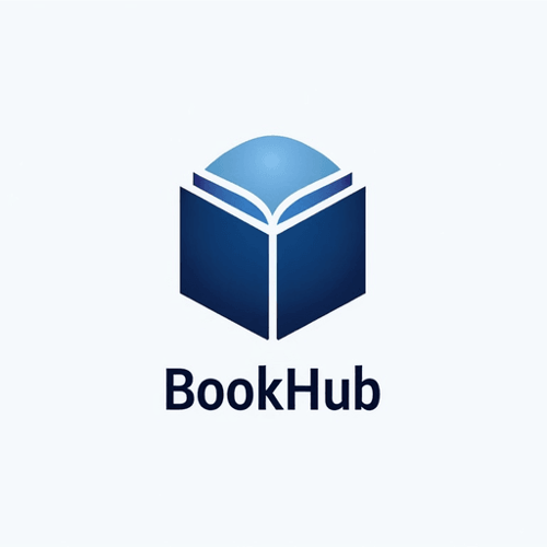 AI Design for Book icon with classic navy blue hues Text "BookHub"
