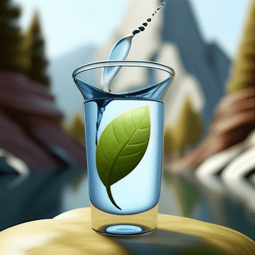 AI Design for water drink concept, spiral leaves around it. Mountain.