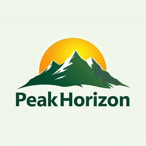 AI Design for Mountain combined with a rising sun, using natural green and warm yellow hues Text "PeakHorizon"