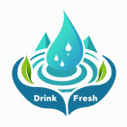 AI Design for water drink concept, spiral leaves around it. Mountain. 2d. Text "DrinkFresh". Emblem