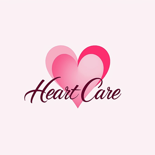 AI Design for heart shape with pink hues and elegant, cursive script for "HeartCare". The logo should be a Wordmark type.