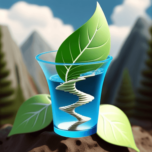 AI Design for water drink concept, spiral leaves around it. Mountain.