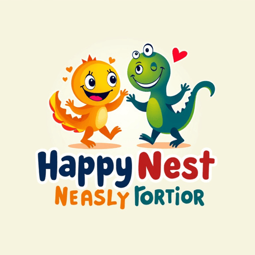 AI Design for Playful characters with bright, cheerful colors and whimsical font - "HappyNest"