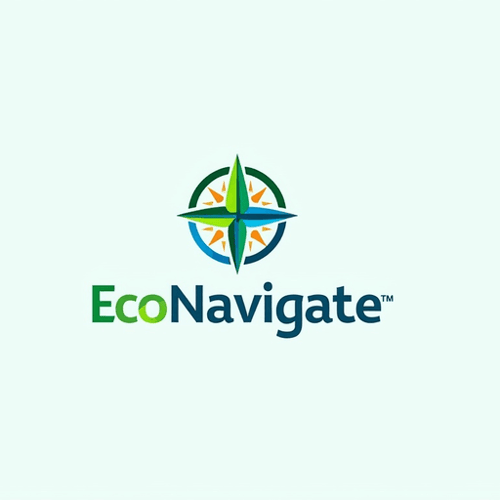 AI Design for Stylized compass integrated with a leaf and blue-green hues Text "EcoNavigate"