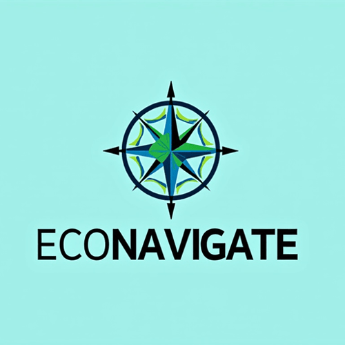 AI Design for Stylized compass integrated with a leaf and blue-green hues Text "EcoNavigate"