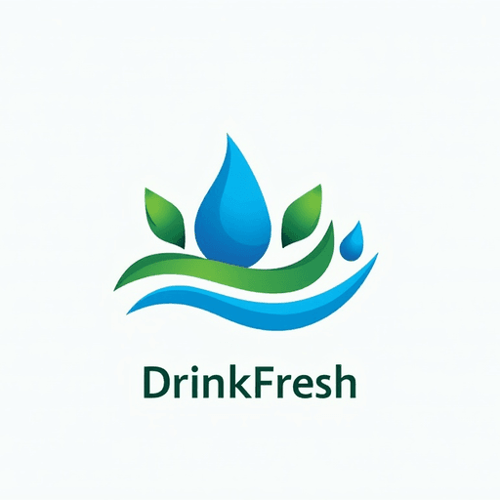AI Design for water drink concept, spiral leaves around it. Mountain. 2d. Text "DrinkFresh". Emblem