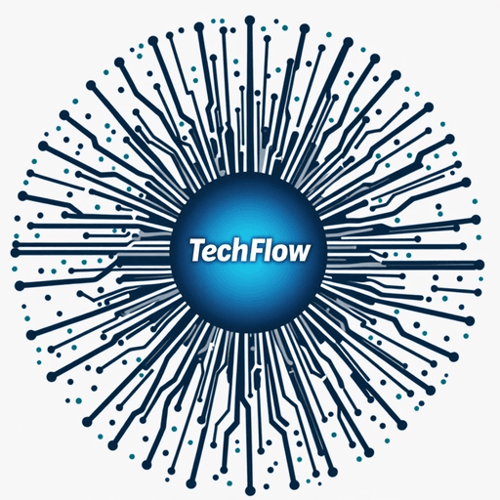 AI Design for Abstract circuit board pattern with techy blue and silver colors - text "TechFlow"