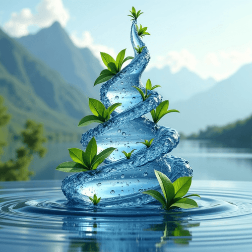 AI Design for water drink concept, spiral leaves around it. Mountain.