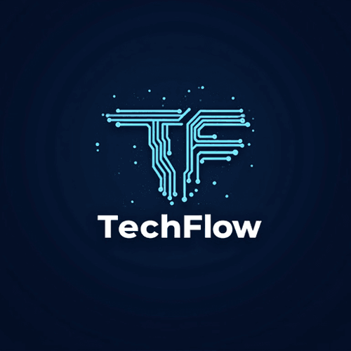 AI Design for Abstract circuit board pattern with techy blue and silver colors - text "TechFlow"