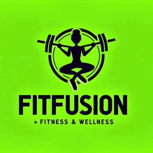 AI Design for Create a logo for "FitFusion," a fitness and wellness brand. Incorporate dynamic elements like a fusion of weights, running shoes, and yoga poses to represent a holistic approach to fitness. Use energetic colors like lime green, black, and white. The font should be bold and modern, conveying strength and flexibility.