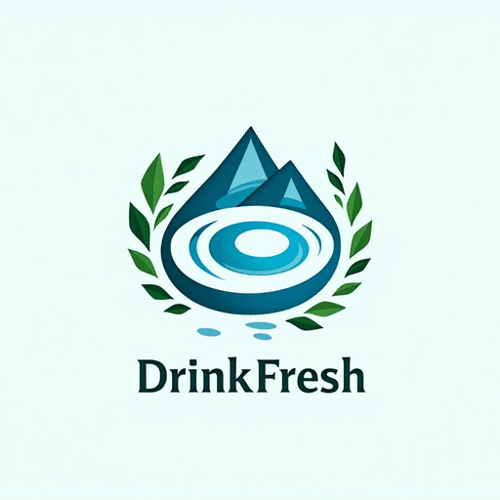 AI Design for water drink concept, spiral leaves around it. Mountain. 2d. Text "DrinkFresh". Emblem
