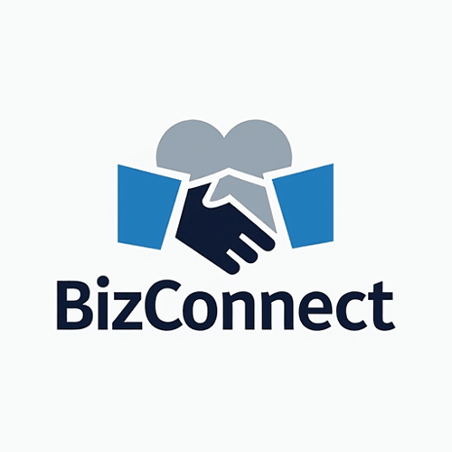 AI Design for Handshake symbol with professional blue and grey hues - text "BizConnect"