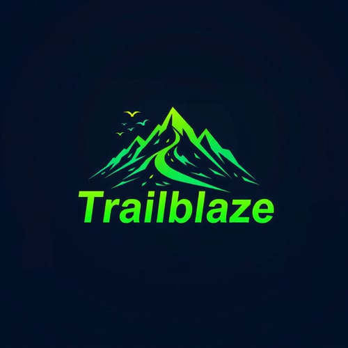 AI Design for Design a dynamic logo for 'Trailblaze,' featuring a mountain trail winding up to a summit. With birds flying on top of the mountain.