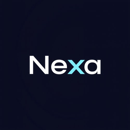 AI Design for Design a bold, unique logo for 'Nexa' that reflects innovation and strength. Blue background, white and yellow text.