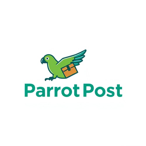AI Design for Pictorial logo for a delivery service named "Parrot Post": A stylized parrot in mid-flight, carrying a package in its talons, minimalist line art, vibrant green and sky blue, sans-serif font with a slight wing-like flourish. Design inspired by modern vector art and mid-century travel posters, clean lines and geometric shapes, illustrated with a white background.