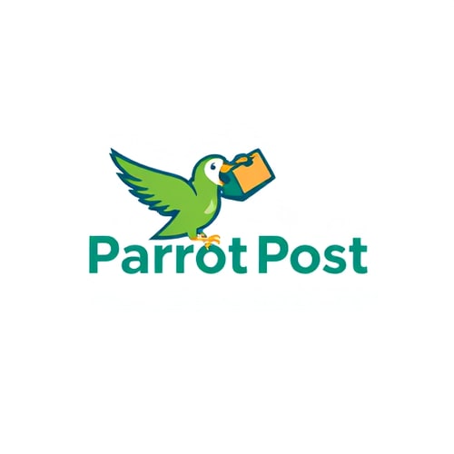 AI Design for Pictorial logo for a delivery service named "Parrot Post": A stylized parrot in mid-flight, carrying a package in its talons, minimalist line art, vibrant green and sky blue, sans-serif font with a slight wing-like flourish. Design inspired by modern vector art and mid-century travel posters, clean lines and geometric shapes, illustrated with a white background.