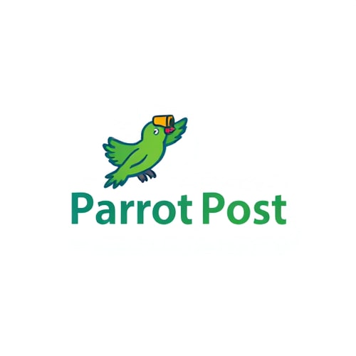 AI Design for Pictorial logo for a delivery service named "Parrot Post": A stylized parrot in mid-flight, carrying a package in its talons, minimalist line art, vibrant green and sky blue, sans-serif font with a slight wing-like flourish. Design inspired by modern vector art and mid-century travel posters, clean lines and geometric shapes, illustrated with a white background.