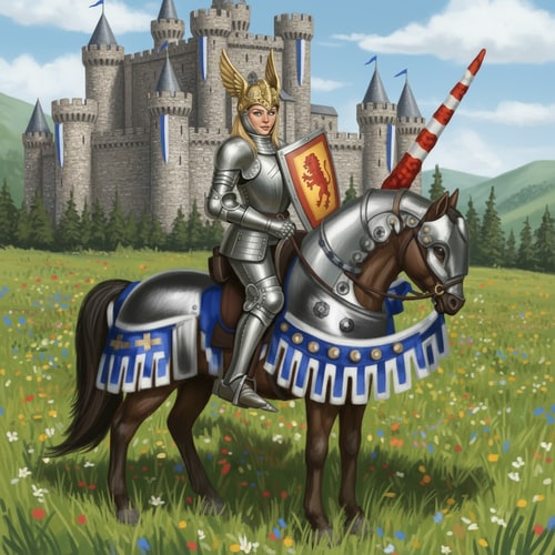 AI Design for transform this image into a realistic image of the woman on the horse with a realistic castle behind