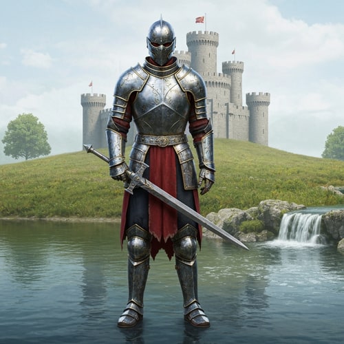 AI Design for hyper realistic knight with a castle behind, with grass and water behind and a waterfall