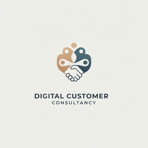 AI Design for modern professional logo design for Digital Customer Consultancy, includes icon + text, icon inspired by a subtle human-centered symbol such as intertwined abstract figures, handshake lines, or fluid shapes suggesting partnership and empathy, conveys trust, expertise, and innovation, soft geometric or organic form, minimalist typography, professional color scheme (warm neutrals, slate blue, soft gradient), vector-style, branding focus, no clichés, no clouds, --v 6 --style 4c --ar 3:2 --q 2