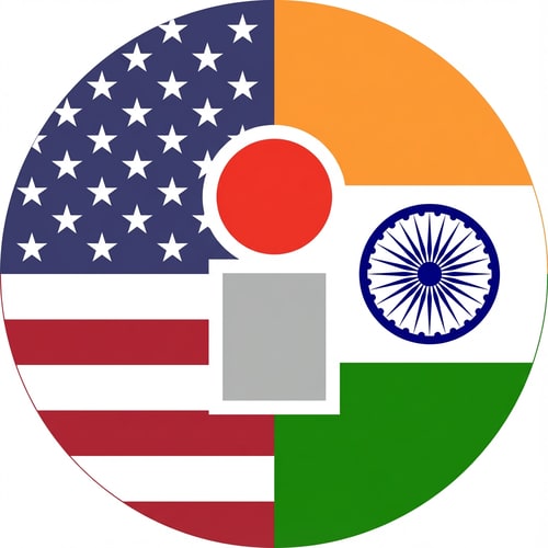 AI Design for Need a logo in circle, in that circle one side USA flag and the other side India flag and in between them the attached image. Make it creative and in illustrator format
