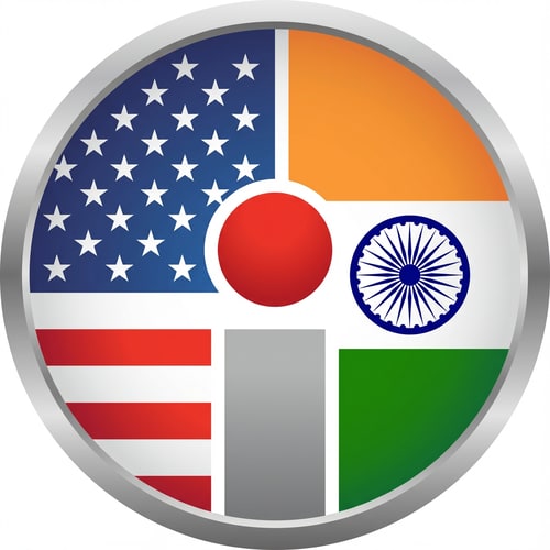 AI Design for Need a logo in circle, in that circle one side USA flag and the other side India flag and in between them the attached image. Make it modern and attractive