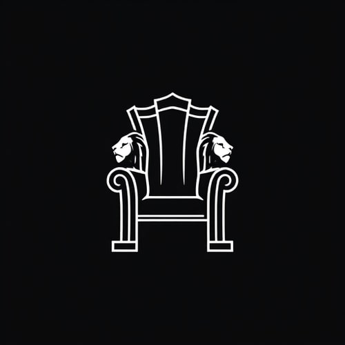 AI Design for Create a minimalistic, iconic logo featuring a high-backed throne silhouette with two stylized lion heads facing outward on each armrest. The design should be clean and elegant, using bold white lines and shapes on a dark or black background. The throne and lion heads should be symmetrical and balanced, focusing on simplified details that convey regality, power, and sophistication. The logo should have a modern and professional style, suitable for digital and print use as a brand symbol. the logo whos showing a identity of power 