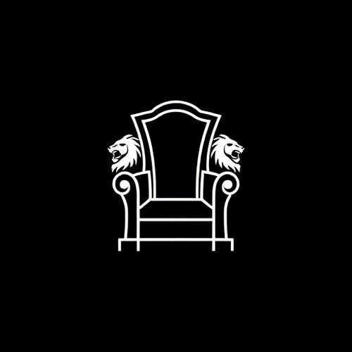 AI Design for Create a minimalistic, iconic logo featuring a high-backed throne silhouette with two stylized lion heads facing outward on each armrest. The design should be clean and elegant, using bold white lines and shapes on a dark or black background. The throne and lion heads should be symmetrical and balanced, focusing on simplified details that convey regality, power, and sophistication. The logo should have a modern and professional style, suitable for digital and print use as a brand symbol.