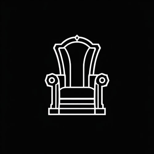 AI Design for Create a minimalistic, iconic logo featuring a high-backed throne silhouette with two stylized lion heads facing outward on each armrest. The design should be clean and elegant, using bold white lines and shapes on a dark or black background. The throne and lion heads should be symmetrical and balanced, focusing on simplified details that convey regality, power, and sophistication. The logo should have a modern and professional style, suitable for digital and print use as a brand symbol.