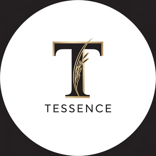 AI Design for A minimalist, premium logo mark for the Basmati rice brand "Tessence," centered on a sophisticated, geometric letter "T" that elegantly integrates the slender curve of a single long-grain rice husk into its vertical stroke. — Centered, symmetrical vector emblem designed for global luxury appeal. — A palette of refined champagne gold and matte black. — Clean and prestigious mood with subtle metallic gradients. — High-end minimalist graphic design with precise line work and balanced white space. — Feature the exact letter "T" and the word "Tessence"; keep text/logos/labels EXACTLY unchanged; no rewriting, redrawing, correcting, or adding any text; avoid cluttered or rustic elements. — Isolated on a solid, dark, professional background suitable for premium food packaging.