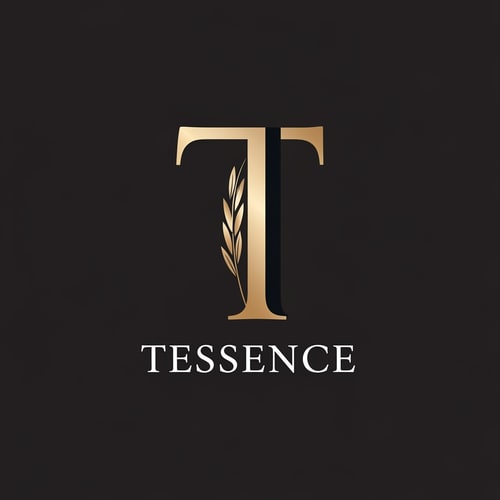 AI Design for A minimalist, premium logo mark for the Basmati rice brand "Tessence," centered on a sophisticated, geometric letter "T" that elegantly integrates the slender curve of a single long-grain rice husk into its vertical stroke. — Centered, symmetrical vector emblem designed for global luxury appeal. — A palette of refined champagne gold and matte black. — Clean and prestigious mood with subtle metallic gradients. — High-end minimalist graphic design with precise line work and balanced white space. — Feature the exact letter "T" and the word "Tessence"; keep text/logos/labels EXACTLY unchanged; no rewriting, redrawing, correcting, or adding any text; avoid cluttered or rustic elements. — Isolated on a solid, dark, professional background suitable for premium food packaging.