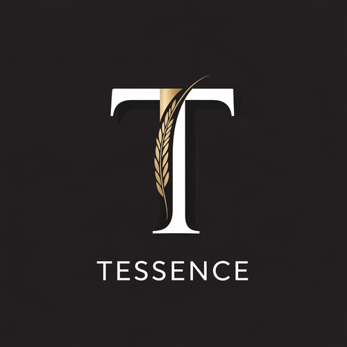 AI Design for A minimalist, premium logo mark for the Basmati rice brand "Tessence," centered on a sophisticated, geometric letter "T" that elegantly integrates the slender curve of a single long-grain rice husk into its vertical stroke. — Centered, symmetrical vector emblem designed for global luxury appeal. — A palette of refined champagne gold and matte black. — Clean and prestigious mood with subtle metallic gradients. — High-end minimalist graphic design with precise line work and balanced white space. — Feature the exact letter "T" and the word "Tessence"; keep text/logos/labels EXACTLY unchanged; no rewriting, redrawing, correcting, or adding any text; avoid cluttered or rustic elements. — Isolated on a solid, dark, professional background suitable for premium food packaging.
