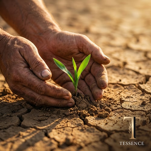 AI Design for A pair of weathered, dirt-stained hands gently cupping a single, vibrant green sprout emerging from parched, cracked earth — Extreme close-up macro shot focusing on the tactile texture of the skin and the fragile plant, Earthy browns and ochre tones contrasted with a singular saturated emerald green, Soft golden hour light creating long shadows and a mood of hope and resilience, Photorealistic macro photography with a shallow depth of field, Focus must remain sharp on the seedling and fingertips with no digital artifacts or unrelated objects, A softly blurred background of a sun-drenched arid field.